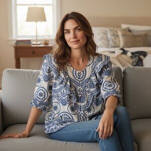 Sézane  South Biouse Womens Embroidered Linen-Cotton Blouse Size 44 Blue Floral